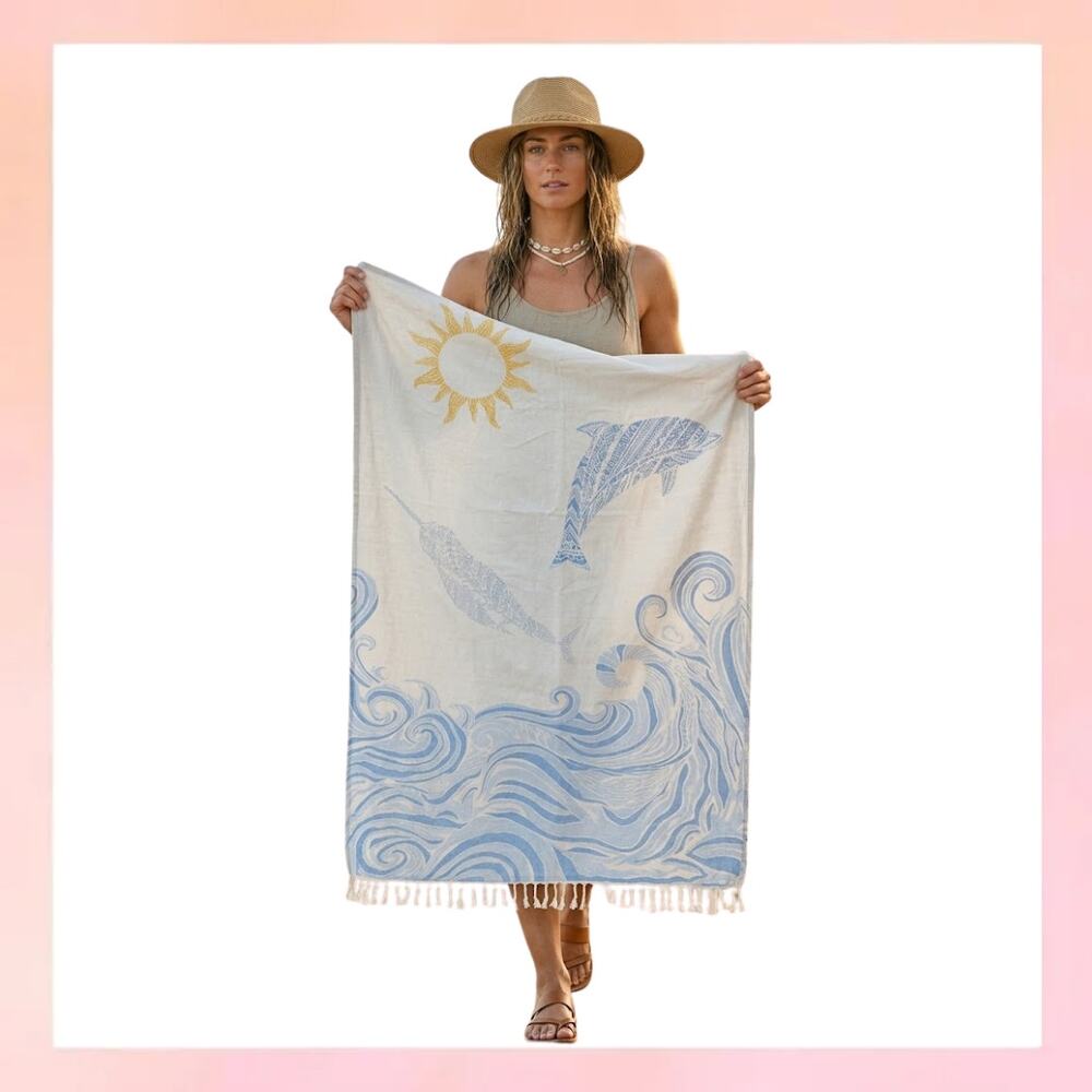 Mandala Dolphin & Sun Fringed Coastal Beach Towel / Throw
